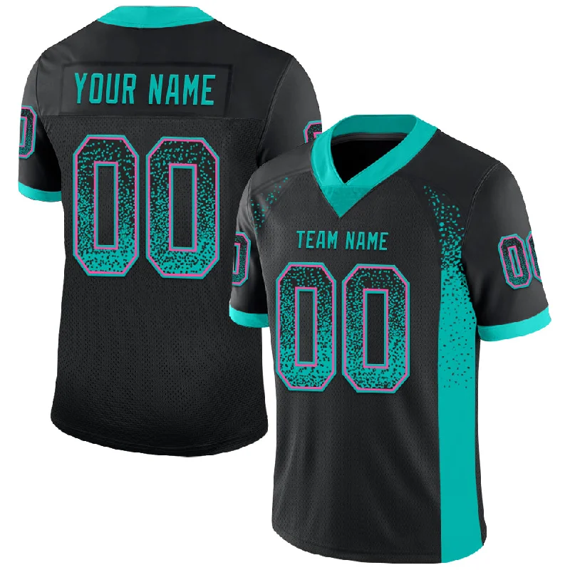 Football Jersey With Bold Lettering-Custom Black Aqua-Pink Mesh Drift Fashion Football Jersey