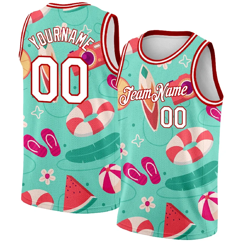 Basketball Jersey With College Team Logos-Custom Aqua White-Red 3D Pattern Tropical Hawaii Beach Authentic Basketball Jersey