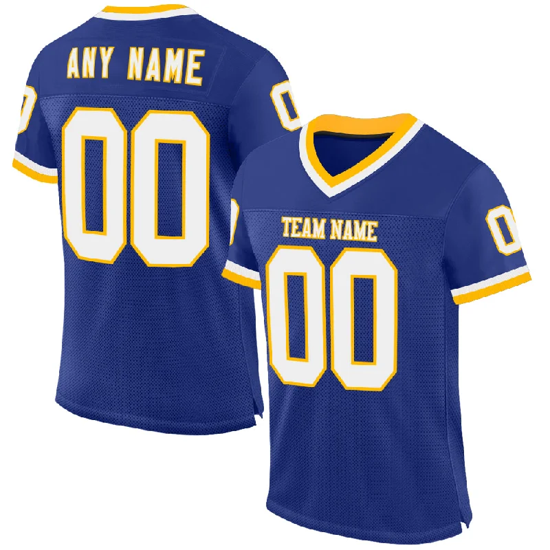 Football Jersey For Men-Custom Royal White-Gold Mesh Authentic Throwback Football Jersey