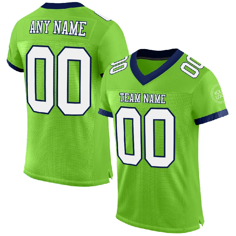 Football Jersey With Energy Return Fabric-Custom Neon Green White-Navy Mesh Authentic Football Jersey