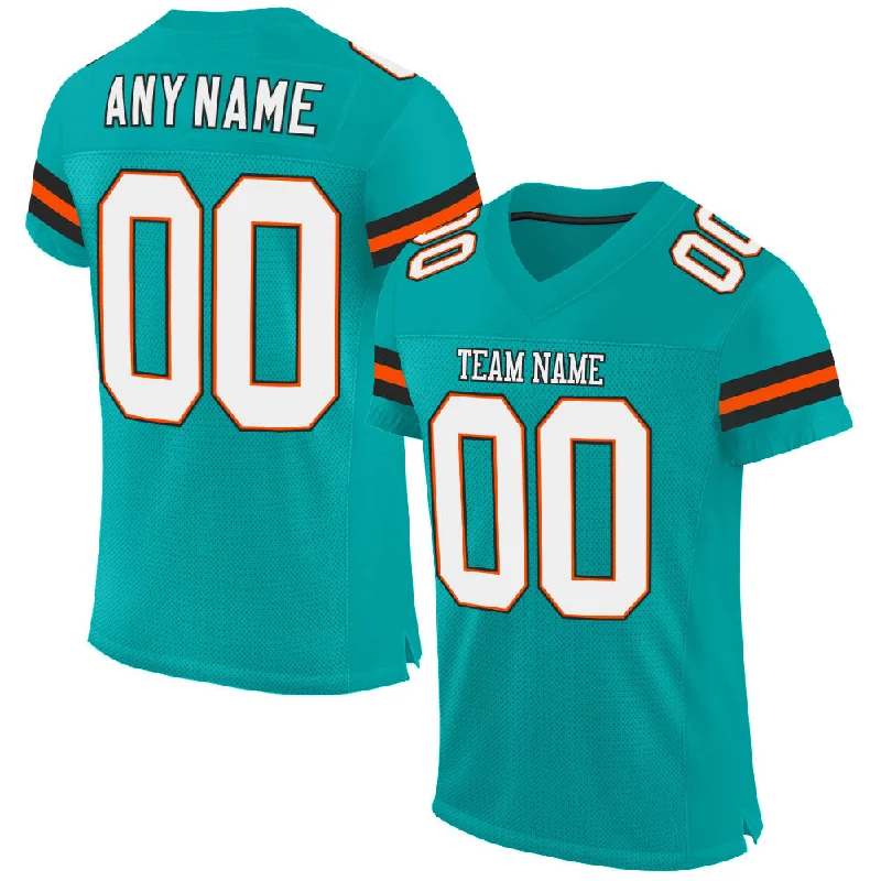 Football Jersey With Reinforced Seams-Custom Aqua White-Orange Mesh Authentic Football Jersey