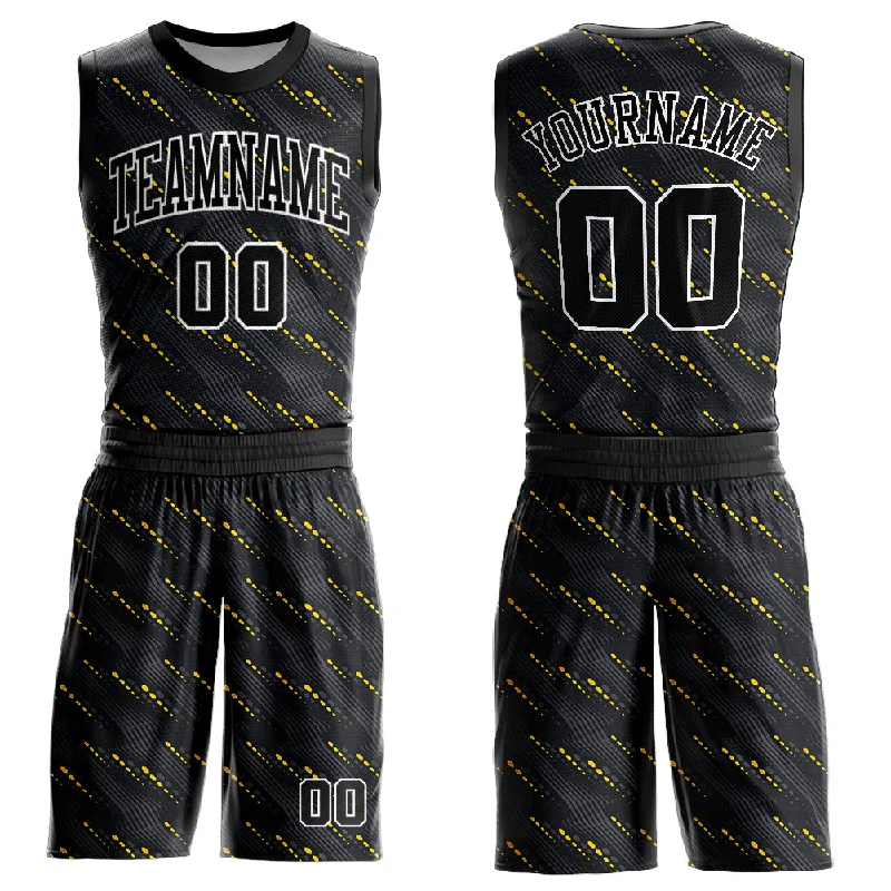 Basketball Jersey With Sublimated Print-Custom Black Gold-White Round Neck Sublimation Basketball Suit Jersey