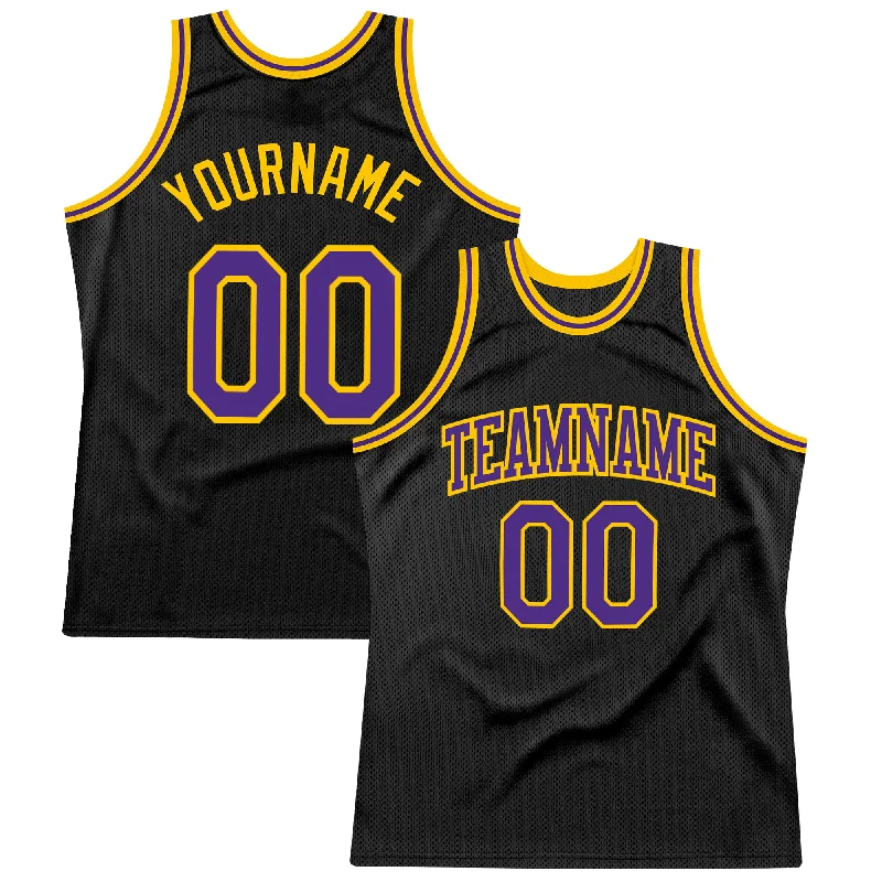 Basketball Jersey With Elastic Armholes-Custom Black Purple-Gold Authentic Throwback Basketball Jersey