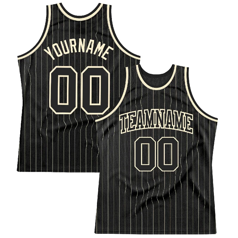 Basketball Jersey With Wrinkle-Free Design-Custom Black Cream Pinstripe Black-Cream Authentic Basketball Jersey