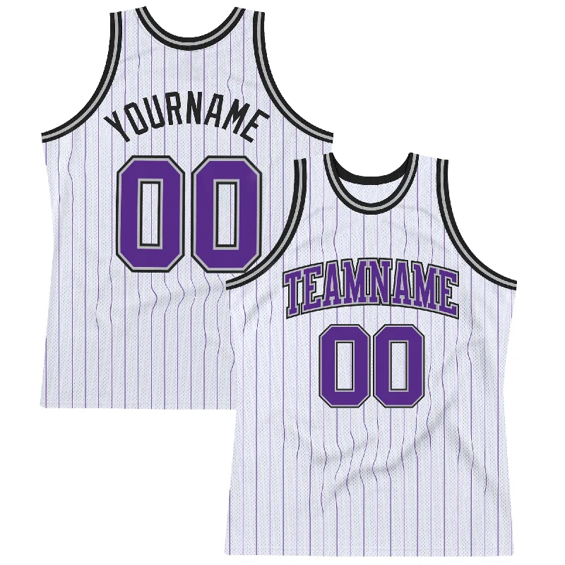 Basketball Jersey With Custom Number-Custom White Purple Pinstripe Purple Gray-Black Authentic Basketball Jersey