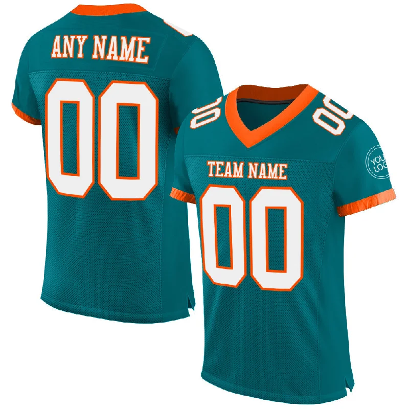 Football Jersey With Glow-In-The-Dark Print-Custom Teal White-Orange Mesh Authentic Football Jersey