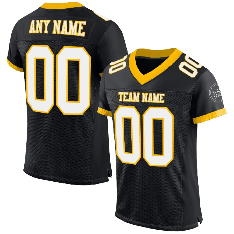 Football Jersey With Neon Colors-Custom Black White-Gold Mesh Authentic Football Jersey