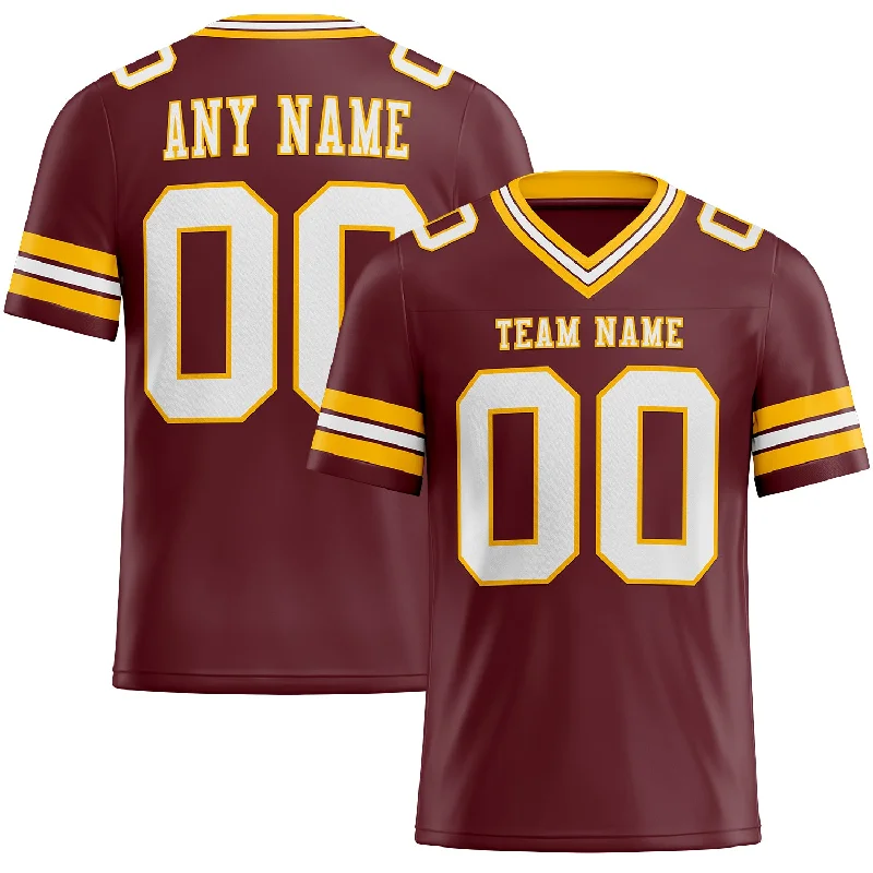 Football Jersey With Embroidery-Custom Burgundy White-Gold Mesh Authentic Football Jersey