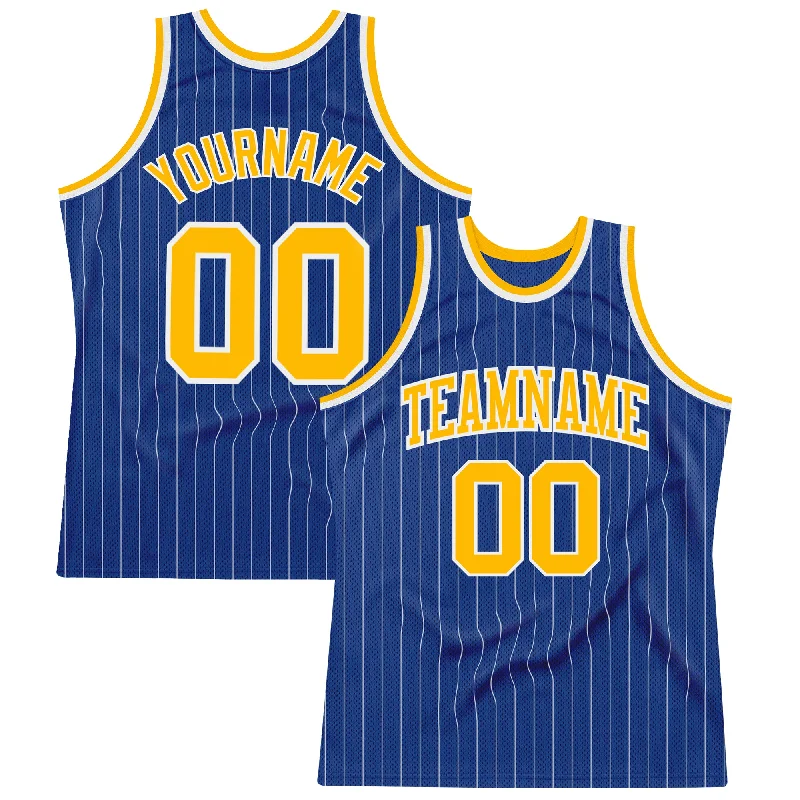 Basketball Jersey With High School Team Logos-Custom Royal White Pinstripe Gold-White Authentic Basketball Jersey