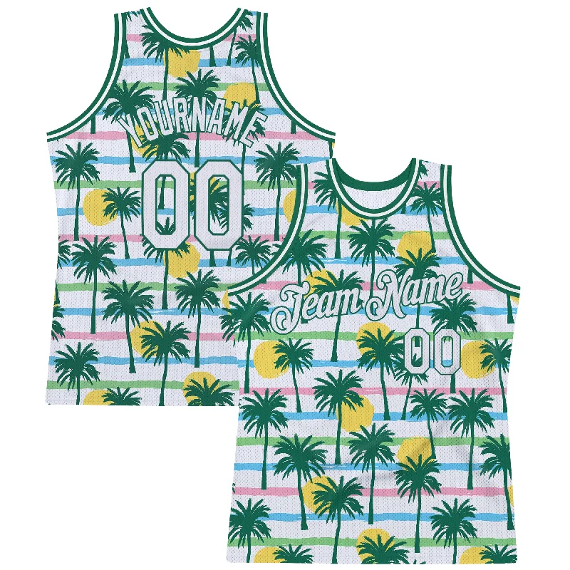 Basketball Jersey With Short Sleeves-Custom White White-Kelly Green 3D Pattern Hawaii Palm Trees Authentic Basketball Jersey