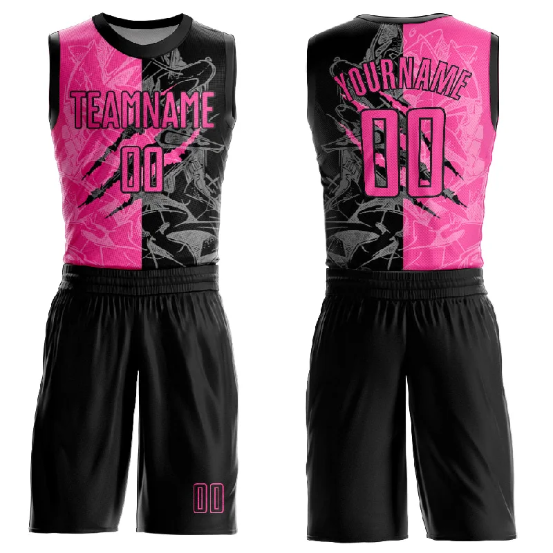 Basketball Jersey With Gold Accents-Custom Graffiti Pattern Pink-Black Scratch Round Neck Sublimation Basketball Suit Jersey