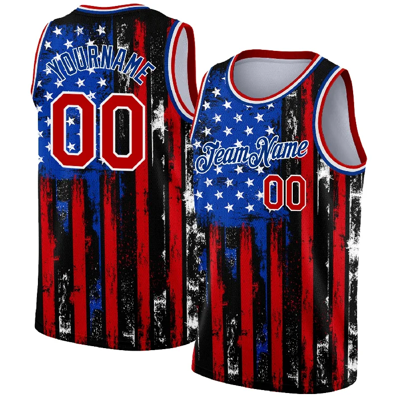 Basketball Jersey With Zip Closure-Custom Black Red-Royal 3D American Flag Fashion Authentic Basketball Jersey