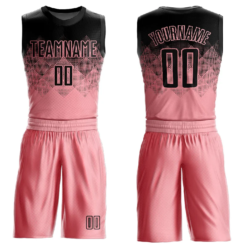 Basketball Jersey With Full Uniform Set-Custom Medium Pink Black Round Neck Sublimation Basketball Suit Jersey