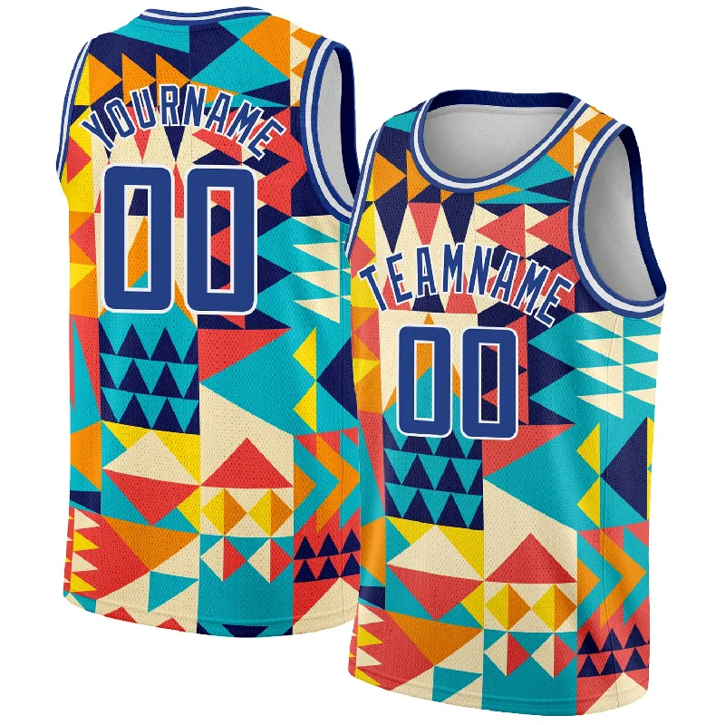 Basketball Jersey With Laser-Cut Perforations-Custom Aqua Royal-White 3D Pattern Design Geometric Shapes Authentic Basketball Jersey