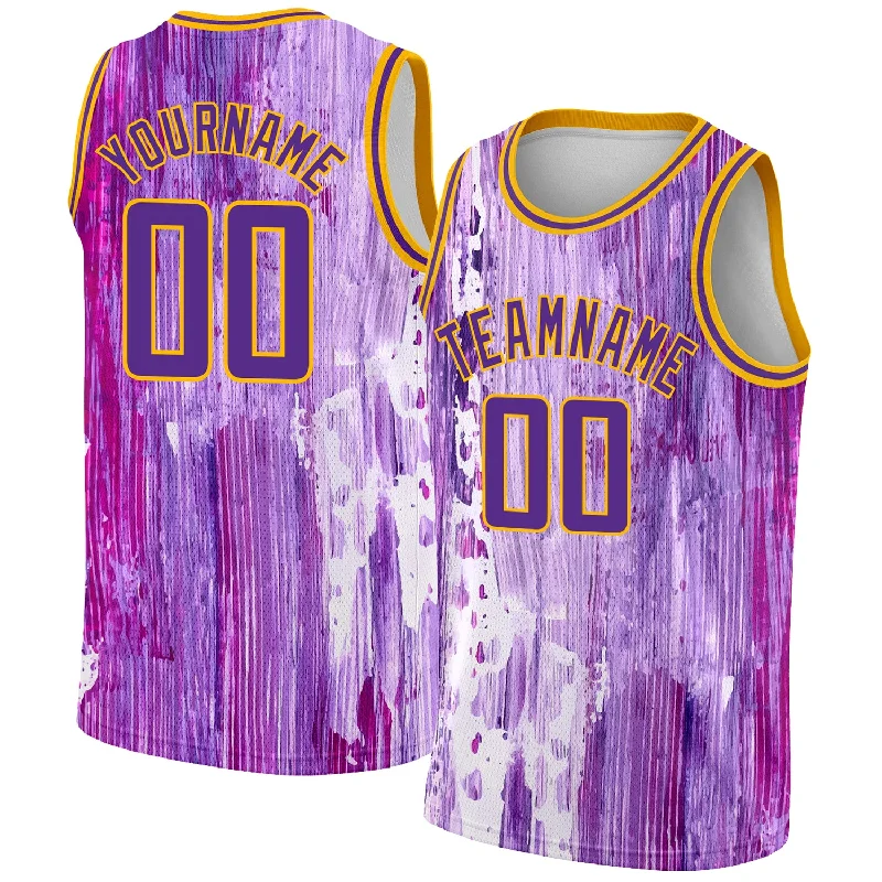 Basketball Jersey With Animal Print-Custom Purple Gold 3D Pattern Design Abstract Liquid Watercolor Style Authentic Basketball Jersey