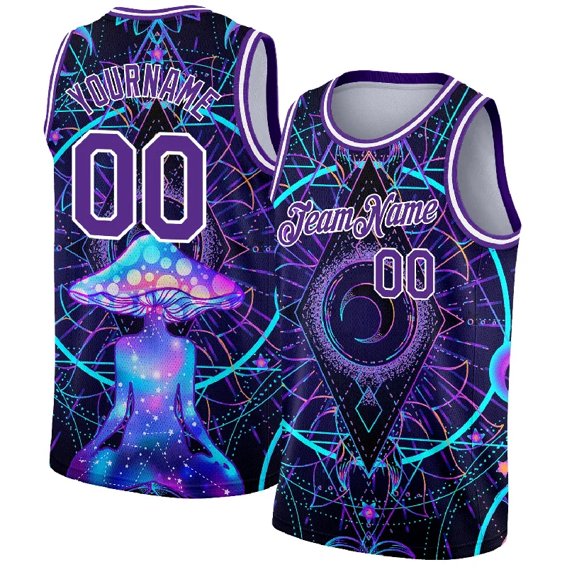 Basketball Jersey With Short Sleeves-Custom Purple White 3D Pattern Design Magic Mushrooms Over Sacred Geometry Psychedelic Hallucination Authentic Basketball Jersey