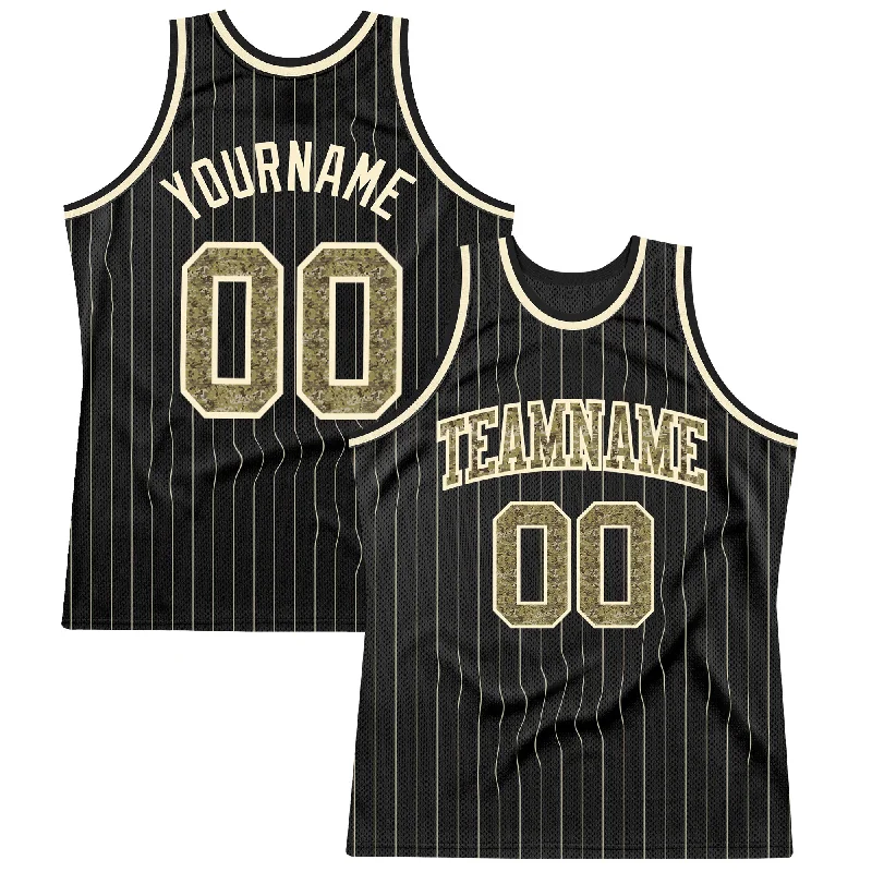 Basketball Jersey With Double Stitching-Custom Black Cream Pinstripe Camo-Cream Authentic Basketball Jersey