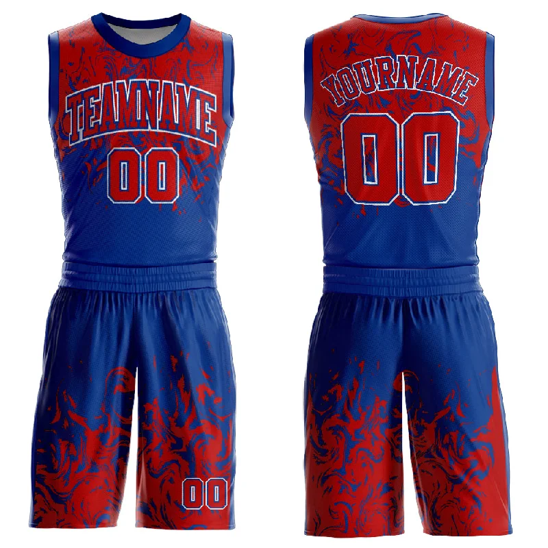 Basketball Jersey With Bold Graphic Print-Custom Royal Red-White Round Neck Sublimation Basketball Suit Jersey