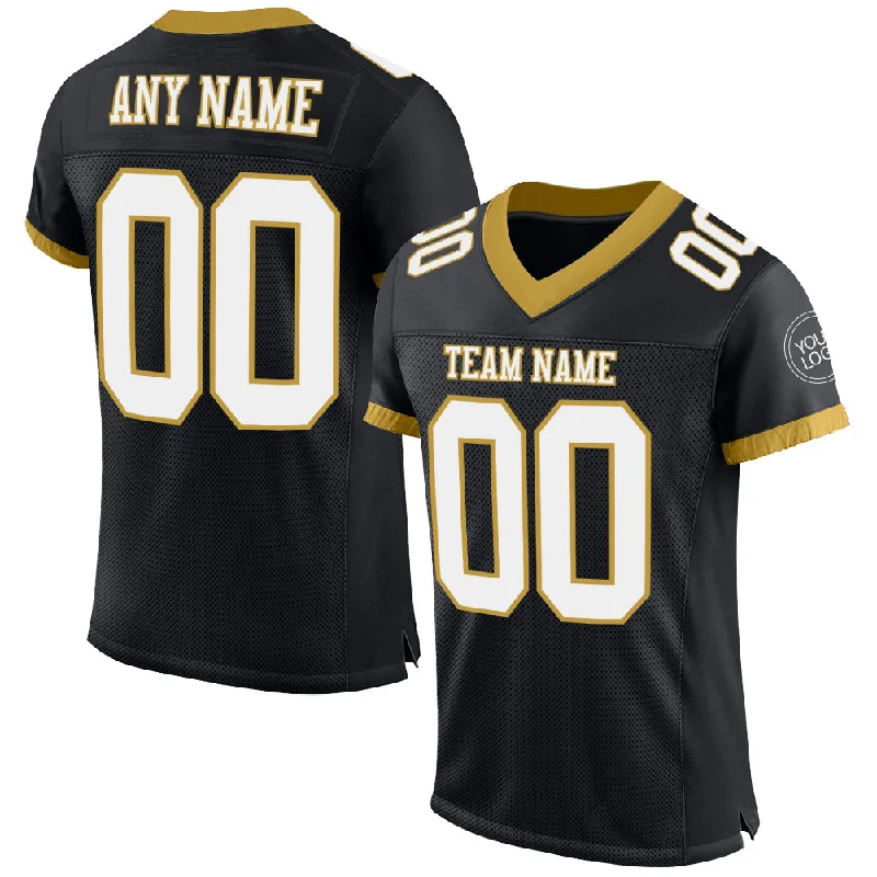 Football Jersey With Silicone Patch-Custom Black White-Old Gold Mesh Authentic Football Jersey