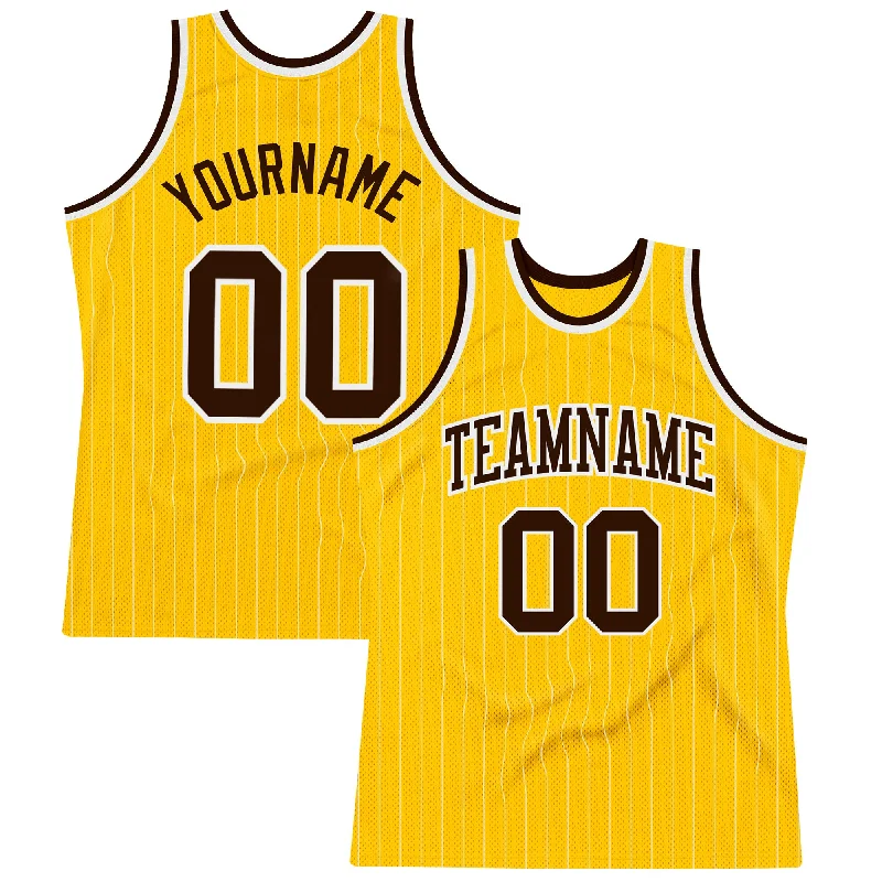 Basketball Jersey For Outdoor Play-Custom Gold White Pinstripe Brown Authentic Basketball Jersey