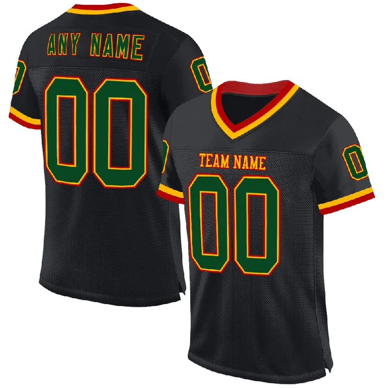 Football Jersey With Graffiti Design-Custom Black Green Gold-Red Mesh Authentic Throwback Football Jersey