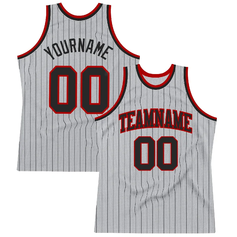 Basketball Jersey With High Mobility Design-Custom Gray Black Pinstripe Black-Red Authentic Basketball Jersey