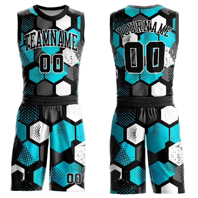 Basketball Jersey With Vintage Look-Custom Black Aqua-White Round Neck Sublimation Basketball Suit Jersey