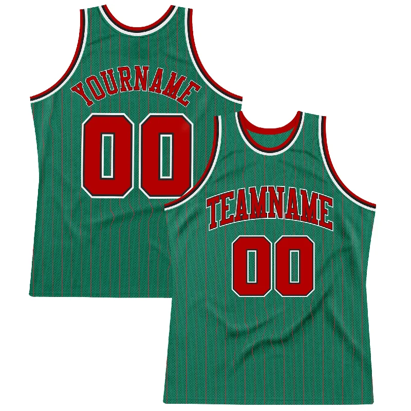 Basketball Jersey With Embroidery-Custom Kelly Green Red Pinstripe Red-Black Authentic Basketball Jersey