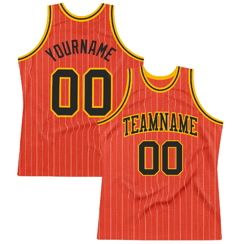 Basketball Jersey With Fade-Resistant Print-Custom Orange White Pinstripe Black-Gold Authentic Basketball Jersey