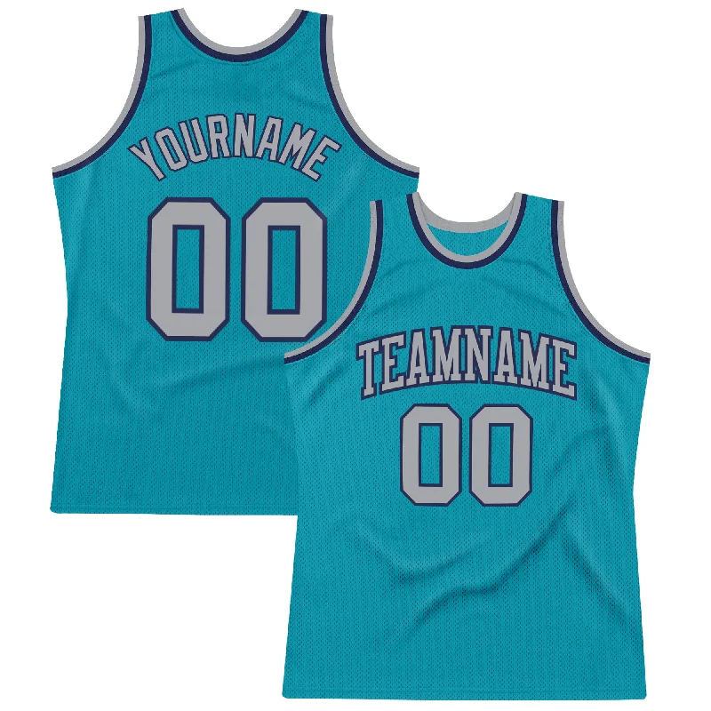 Basketball Jersey With Laser-Cut Perforations-Custom Teal Gray-Navy Authentic Throwback Basketball Jersey