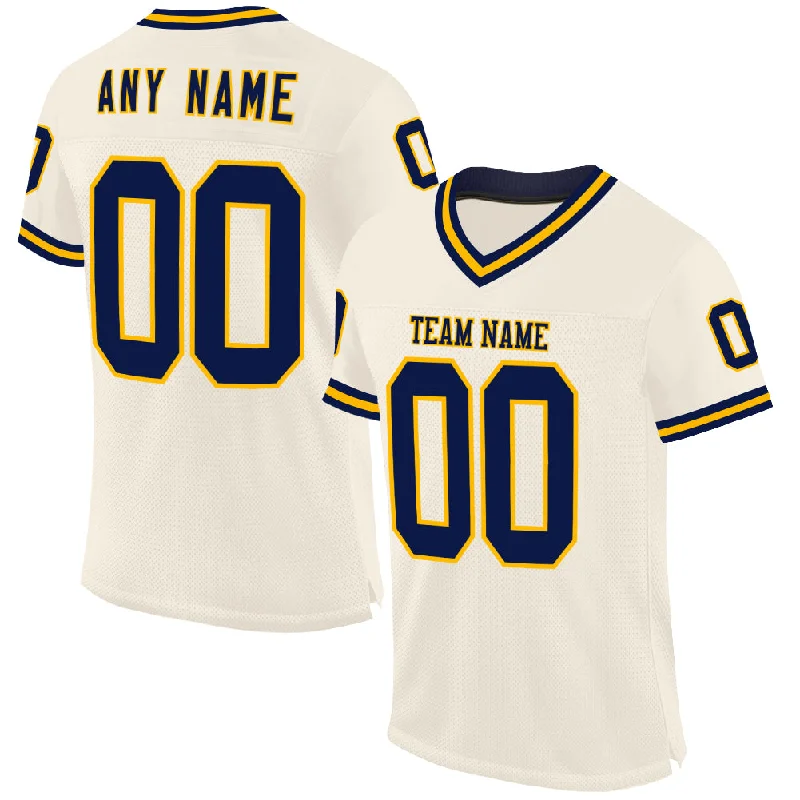 Football Jersey With Ventilated Side Panels-Custom Cream Navy-Gold Mesh Authentic Throwback Football Jersey