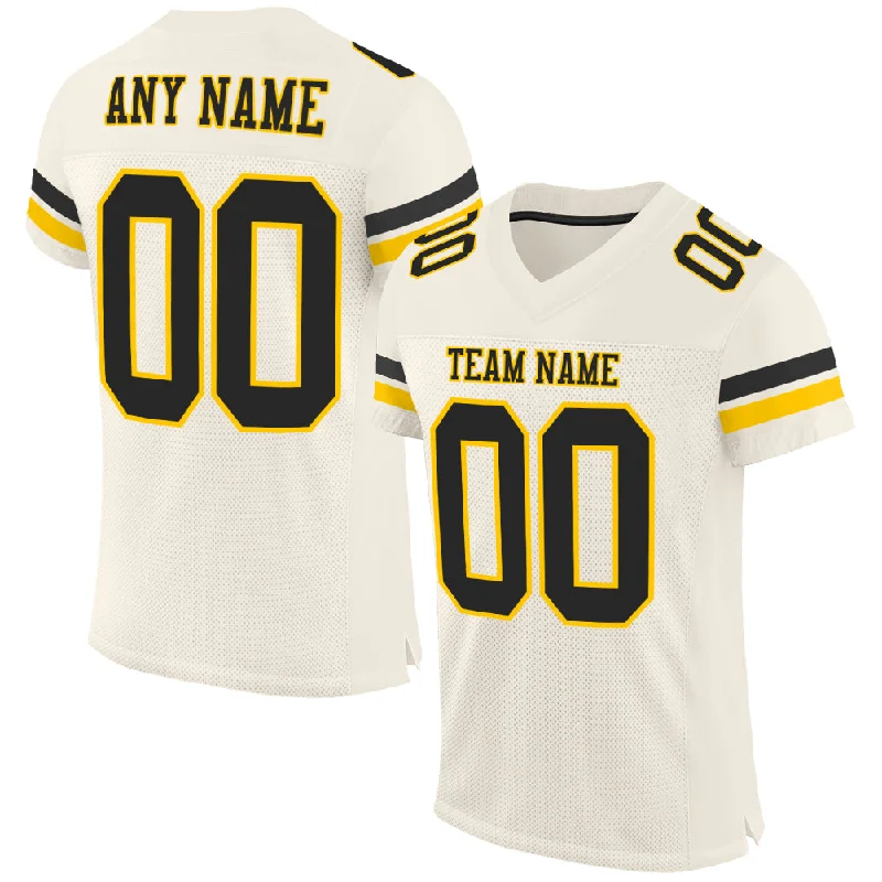 Football Jersey With Reflective Details-Custom Cream Black-Gold Mesh Authentic Football Jersey