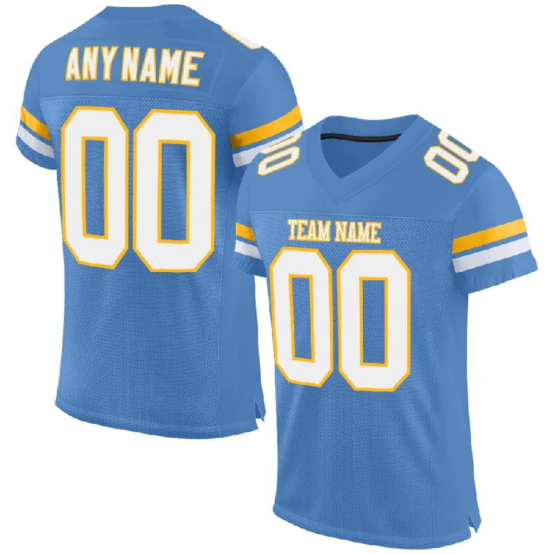 Football Jersey For Youth-Custom Light Blue White-Gold Mesh Authentic Football Jersey