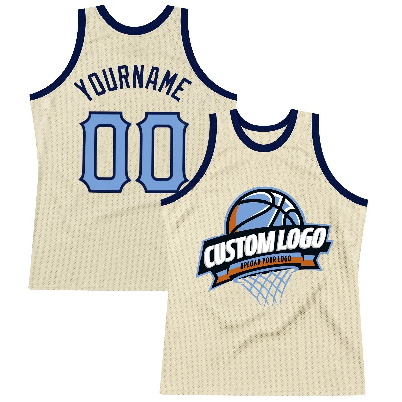 Basketball Jersey With College Team Logos-Custom Cream Light Blue-Navy Authentic Throwback Basketball Jersey