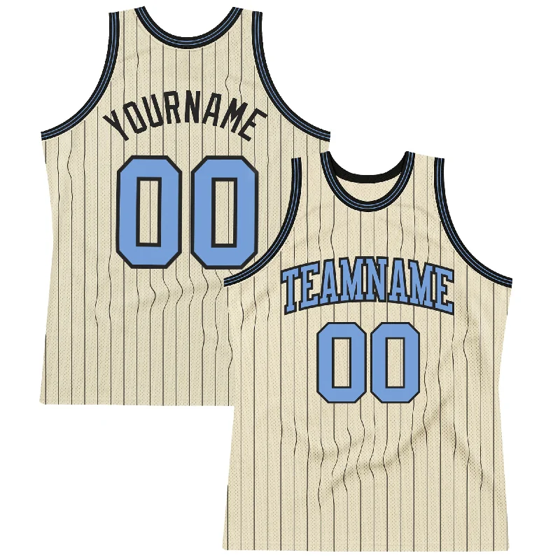 Basketball Jersey With Sublimated Print-Custom Cream Black Pinstripe Blue Authentic Basketball Jersey