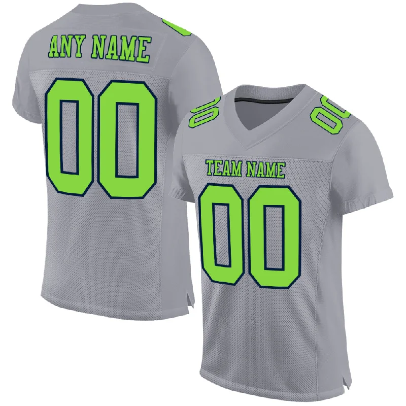 Football Jersey With UV Protection-Custom Gray Neon Green-Navy Mesh Authentic Football Jersey