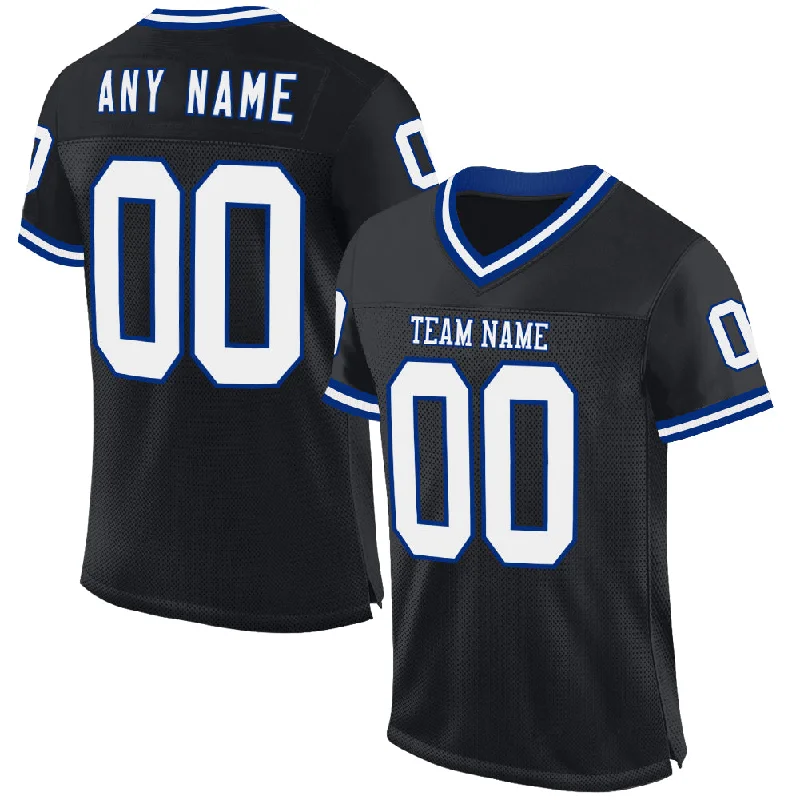 Football Jersey With Bold Graphic Print-Custom Black White-Royal Mesh Authentic Throwback Football Jersey