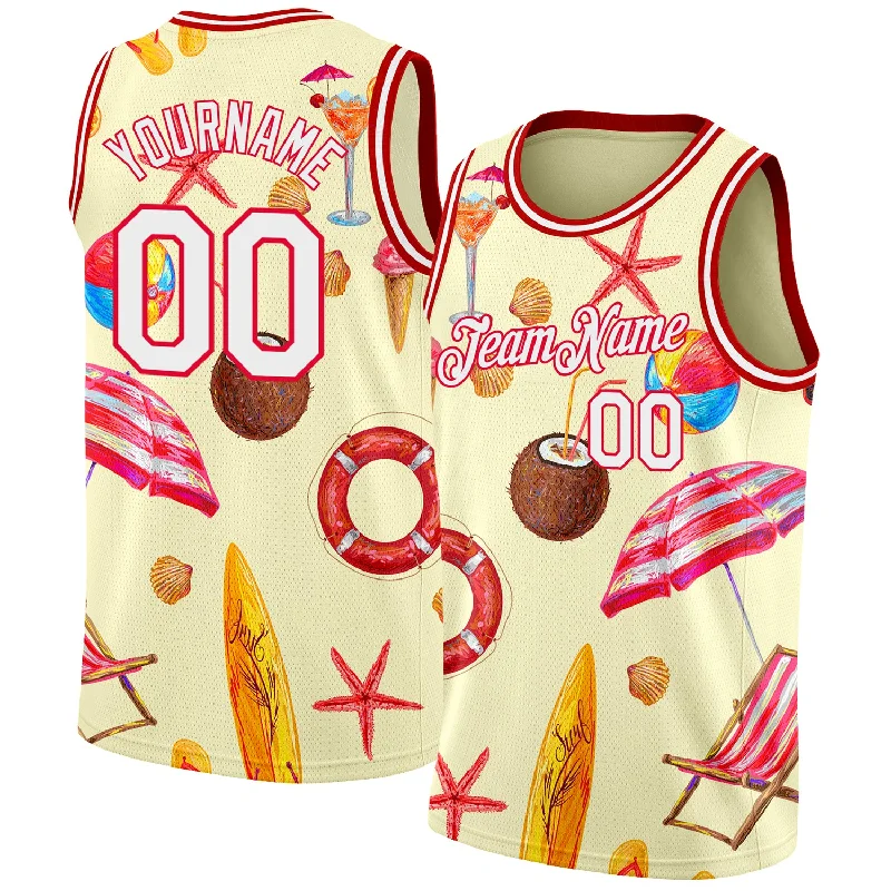 Basketball Jersey With Compression Fit-Custom Cream White-Red 3D Pattern Tropical Hawaii Beach Authentic Basketball Jersey