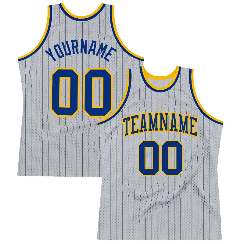 Basketball Jersey With Tie-Dye Design-Custom Gray Royal Pinstripe Royal-Gold Authentic Basketball Jersey