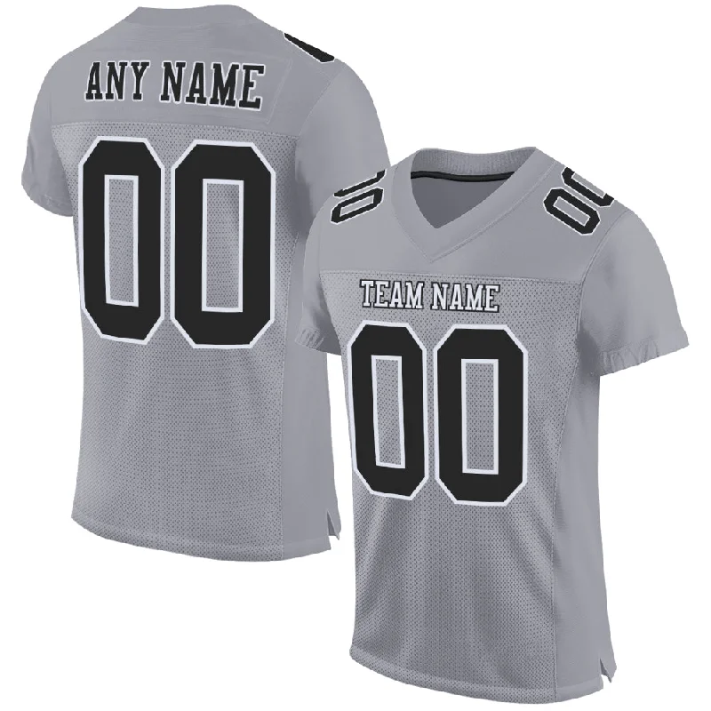 Football Jersey With Metallic Numbers-Custom Gray Black-White Mesh Authentic Football Jersey