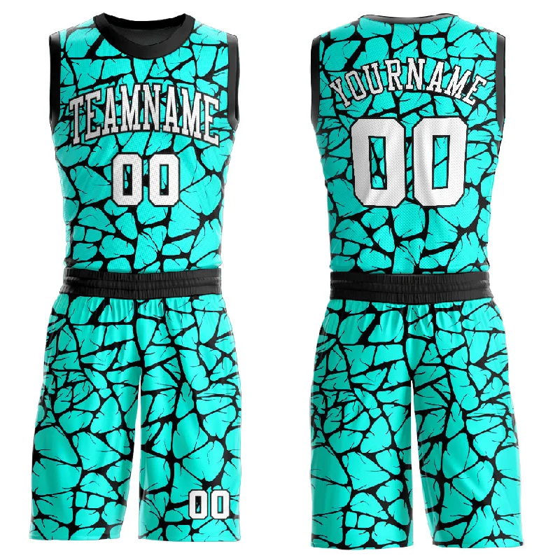 Basketball Jersey With Patches-Custom Aqua White-Black Round Neck Sublimation Basketball Suit Jersey