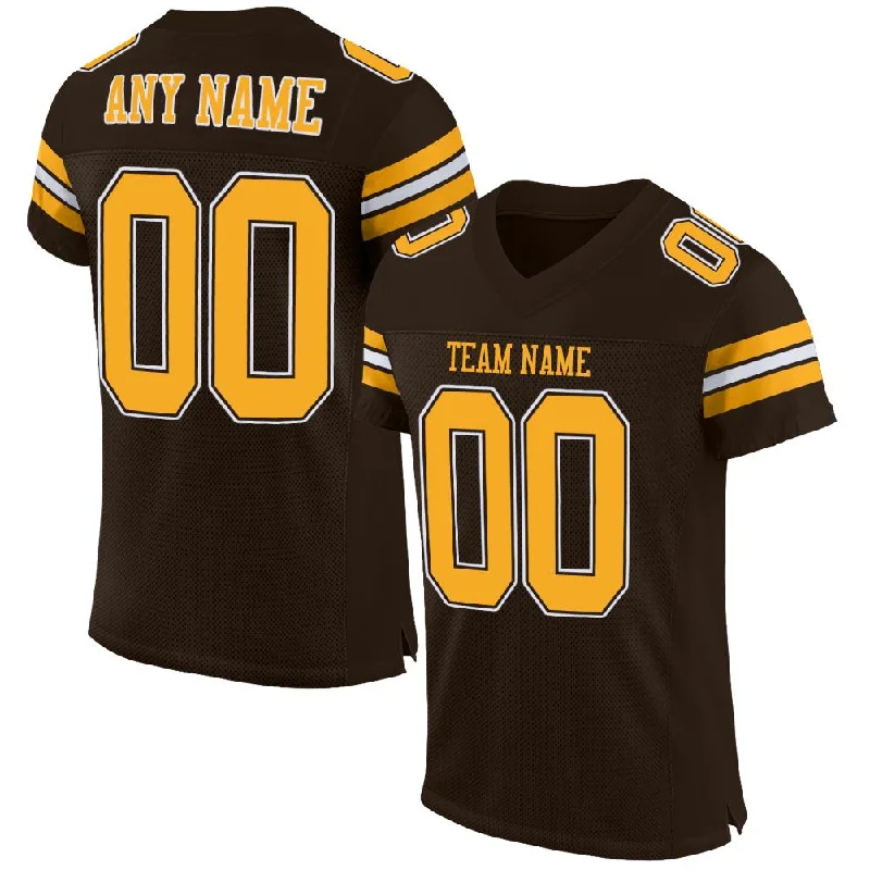 Football Jersey With Custom Number-Custom Brown Gold-White Mesh Authentic Football Jersey