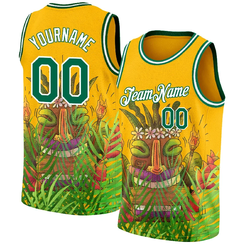 Basketball Jersey With Player Tribute-Custom Gold Kelly Green-White 3D Pattern Cartoon Tropical Hawaii Rainforest Authentic Basketball Jersey