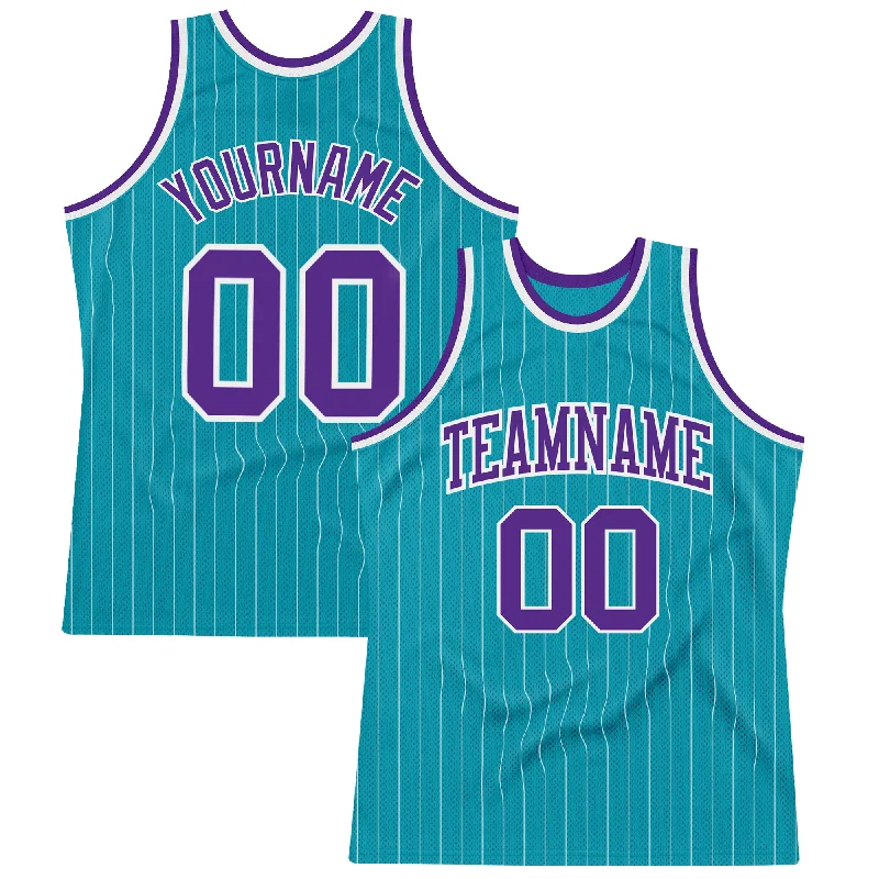 Basketball Jersey With Gold Accents-Custom Teal White Pinstripe Purple Authentic Basketball Jersey