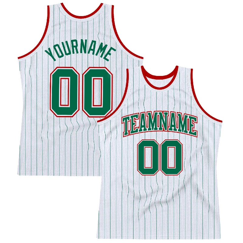 Basketball Jersey With Lightweight Material-Custom White Kelly Green Pinstripe Kelly Green-Red Authentic Basketball Jersey