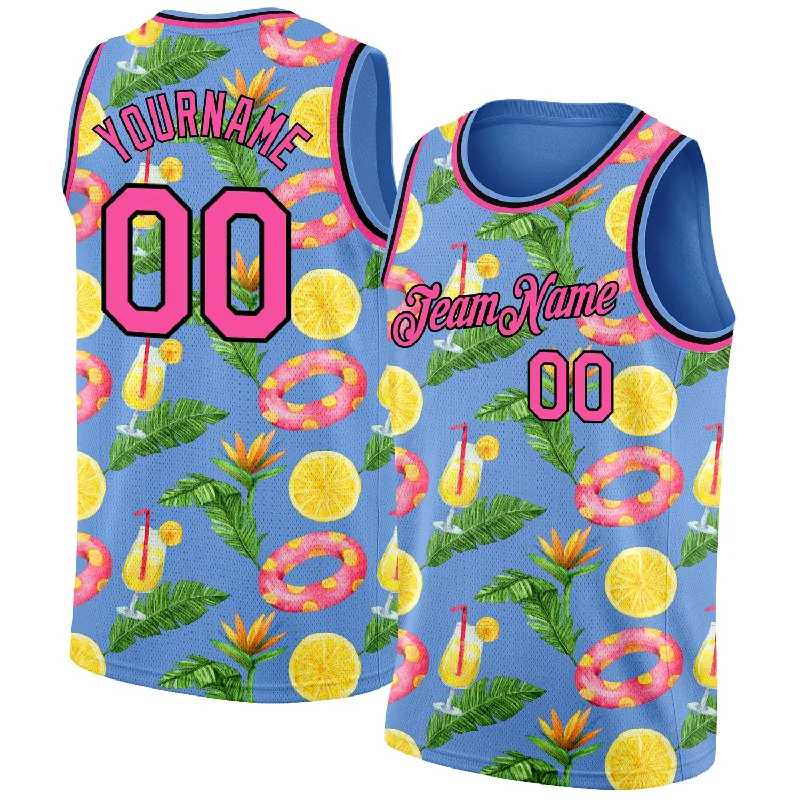 Basketball Jersey With Stripes-Custom Light Blue Pink-Black 3D Pattern Summer Hawaii Beach Holiday Authentic Basketball Jersey