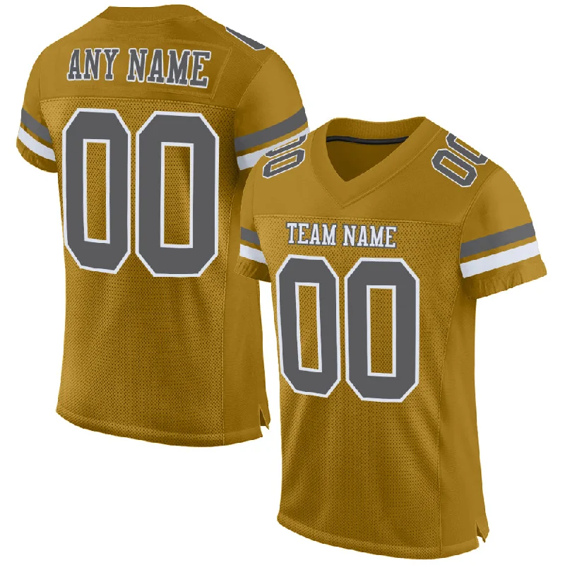 Football Jersey With V-Neck Collar-Custom Old Gold Steel Gray-White Mesh Authentic Football Jersey