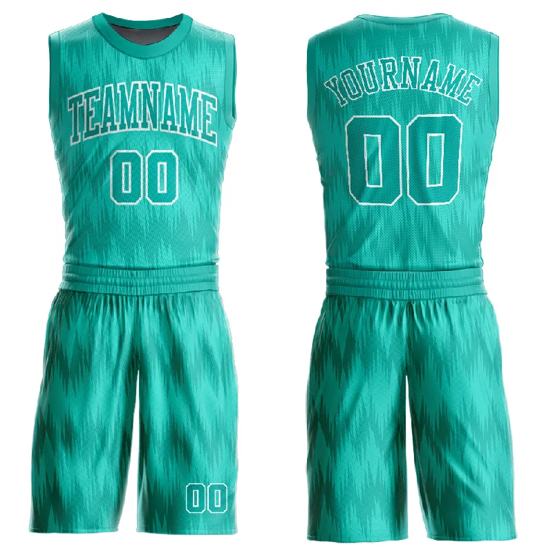 Basketball Jersey With Compression Layer-Custom Aqua White Round Neck Sublimation Basketball Suit Jersey