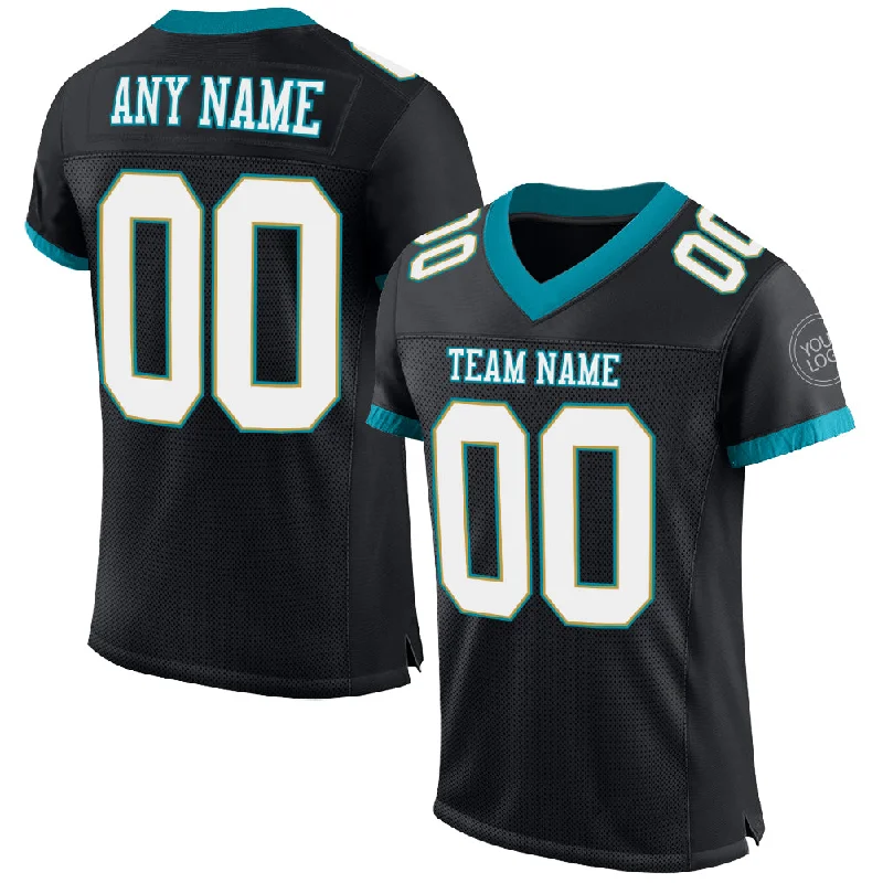 Football Jersey For Quarterbacks-Custom Black White-Teal Mesh Authentic Football Jersey