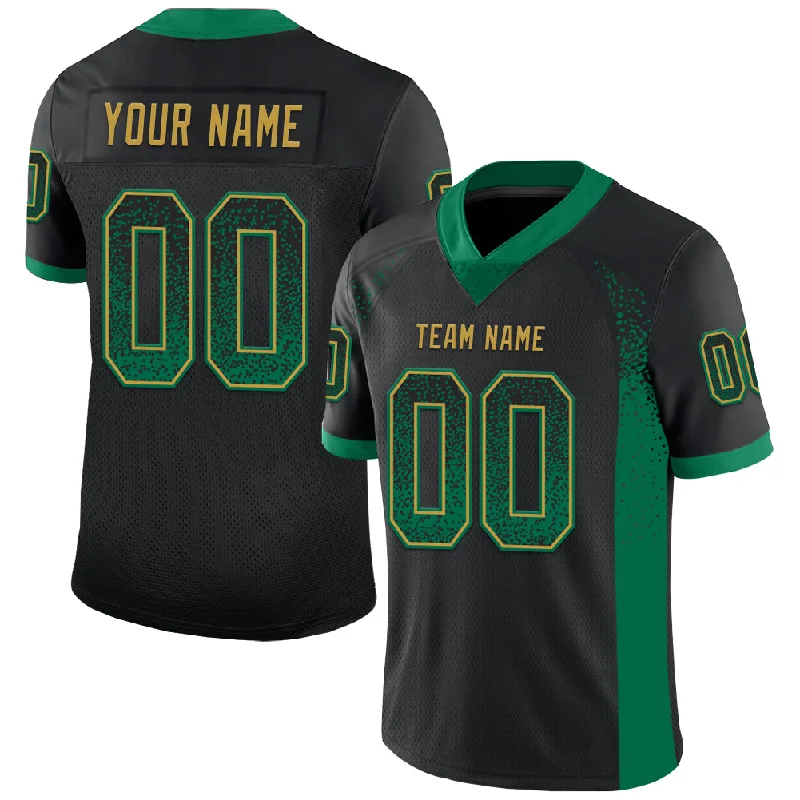 Football Jersey For Tall Players-Custom Black Kelly Green-Old Gold Mesh Drift Fashion Football Jersey